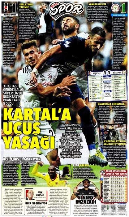 Beşiktaş-Ç.Rizespor maçının ardından gazete manşetleri (01.09.2019)