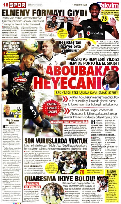 Beşiktaş-Ç.Rizespor maçının ardından gazete manşetleri (01.09.2019)