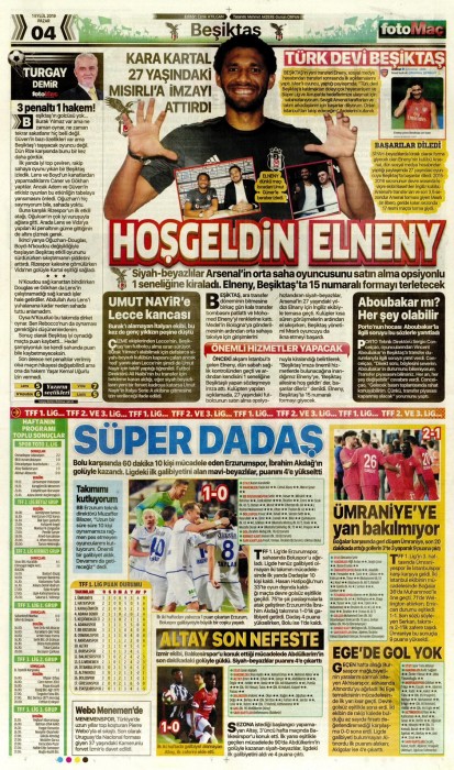 Beşiktaş-Ç.Rizespor maçının ardından gazete manşetleri (01.09.2019)