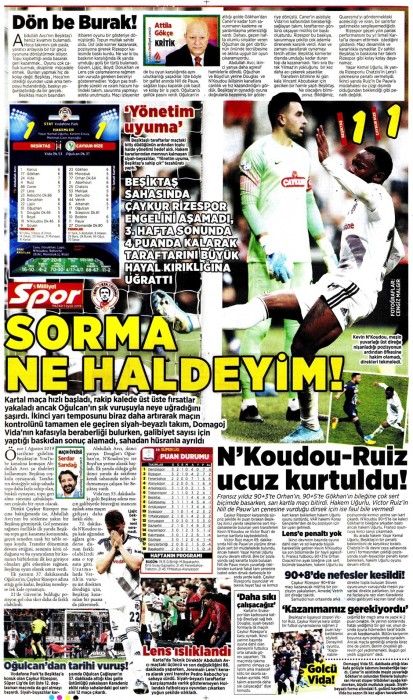 Beşiktaş-Ç.Rizespor maçının ardından gazete manşetleri (01.09.2019)