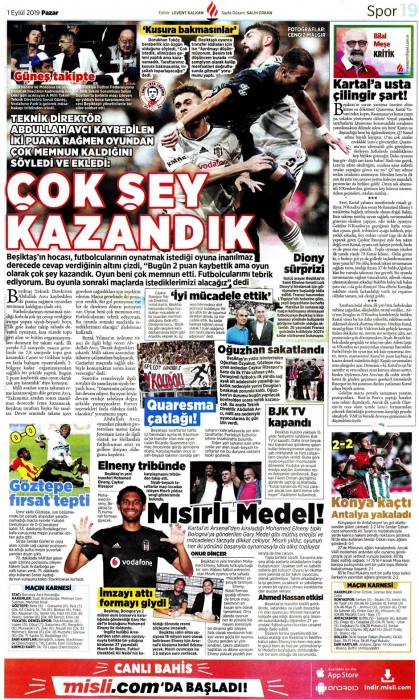 Beşiktaş-Ç.Rizespor maçının ardından gazete manşetleri (01.09.2019)