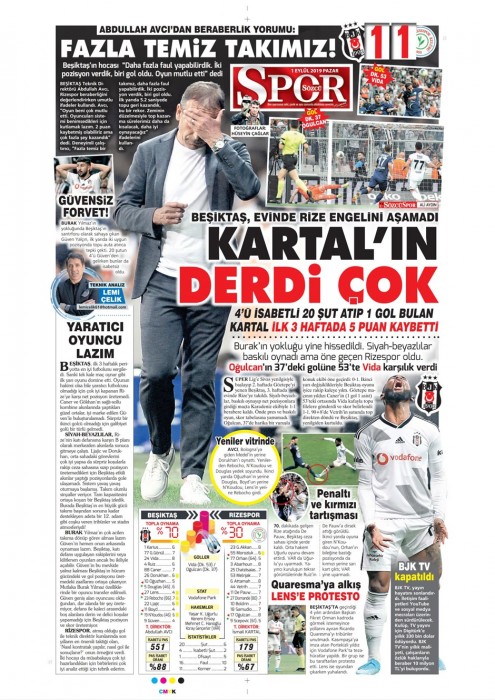 Beşiktaş-Ç.Rizespor maçının ardından gazete manşetleri (01.09.2019)