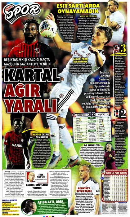 Beşiktaş'ın Gazişehir Gaziantep maçı mağlubiyeti gazete manşetlerine böyle yansıdı!