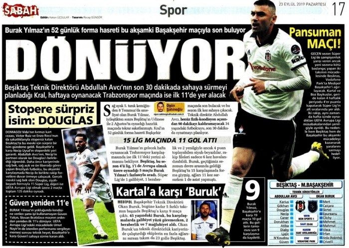 Beşiktaş-Başakşehir maçı öncesi gazete manşetleri! (23.09.2019)