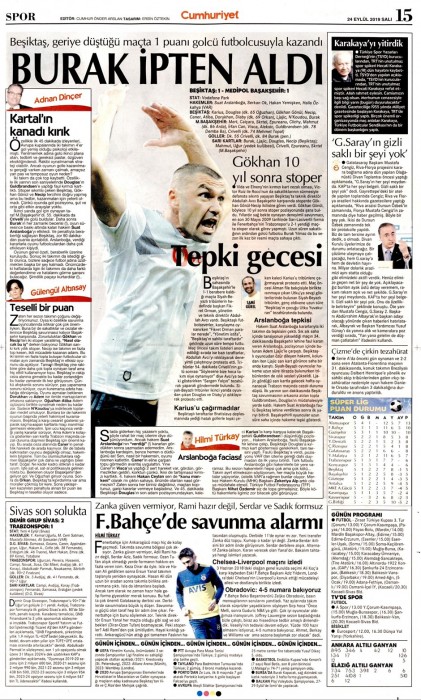 Beşiktaş-Başakşehir maçının ardından gazete manşetleri! (24.09.2019)