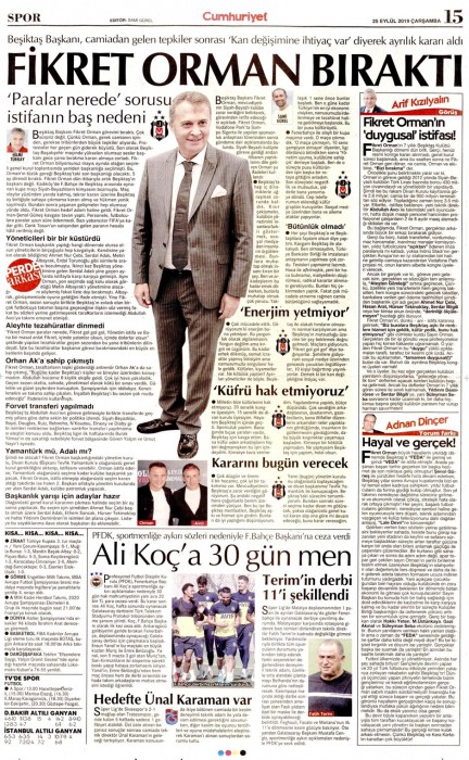 Fikret Orman'ın ayrılık kararının ardından gazete manşetleri! (25.09.2019)