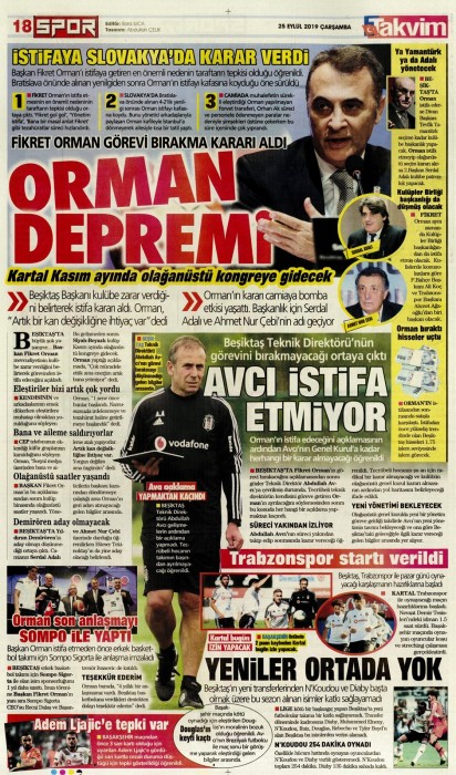 Fikret Orman'ın ayrılık kararının ardından gazete manşetleri! (25.09.2019)