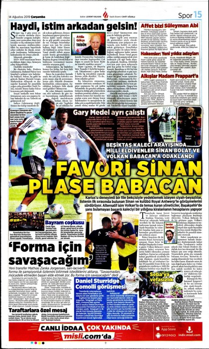 Gazetelerde günün Beşiktaş manşetleri! (14.08.2019)